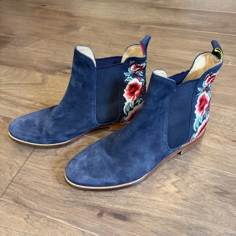 Joules Westbourne Navy Blue Suede Floral Embroidered Chelsea Boots Womens‎ US 9